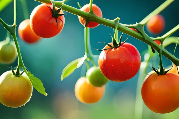 Pomidory na winorośli z zielonymi liśćmi i czerwienią i kolorem żółtym w tle.
