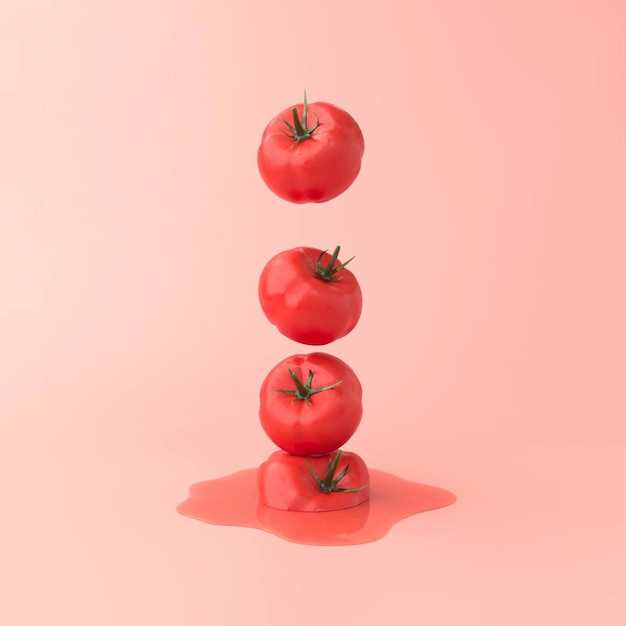 Pomidory spadające z rzędu na różowym tle Streszczenie vege