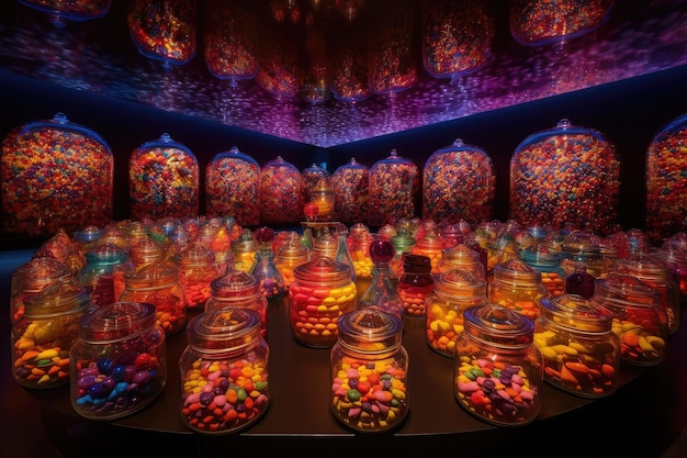 Pomieszczenie wypełnione słoikami kolorowych cukierków otoczonych błyszczącym szkłem i metalem