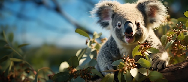 Pomysł na baner dotyczący ochrony dzikiej przyrody Miś Koala na gałęzi eukaliptusa