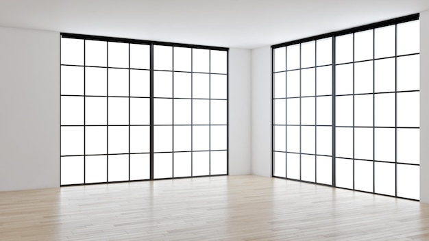 Pomysł na biały pusty skandynawski pokój ilustracja wnętrza renderowania 3D z drewnianą podłogą i dużą ścianą i białym tle wnętrza Home Nordic