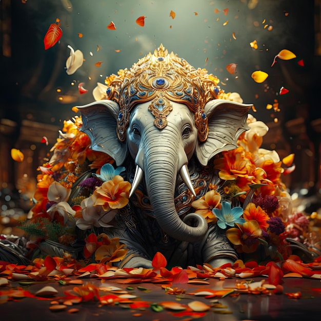 Pomysł na pocztówkę z ozdobną rzeźbą Pana Ganeshy z kwiatami z okazji święta Diwali