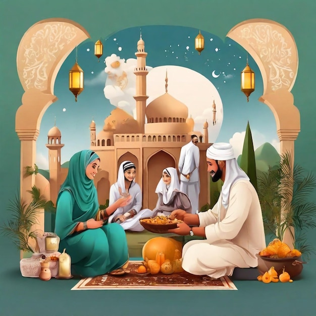 Pomysł na post w mediach społecznościowych na dzień Eid Fitr z ilustracją tradycyjnych muzułmanów