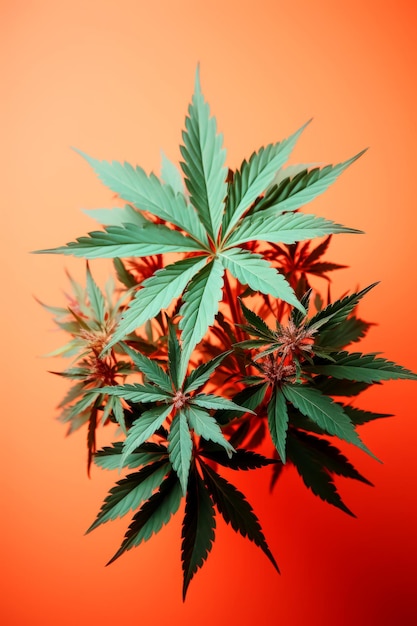 Pomysł na projekt liści marihuany na jasnopomarańczowym tle dla ekranu powitalnego lub okładki produktu