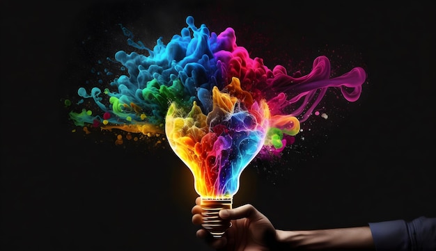Pomysł żarówki z ręki biznesmen kolorowe wybuchające świecące ilustracje ai generowane sztuki