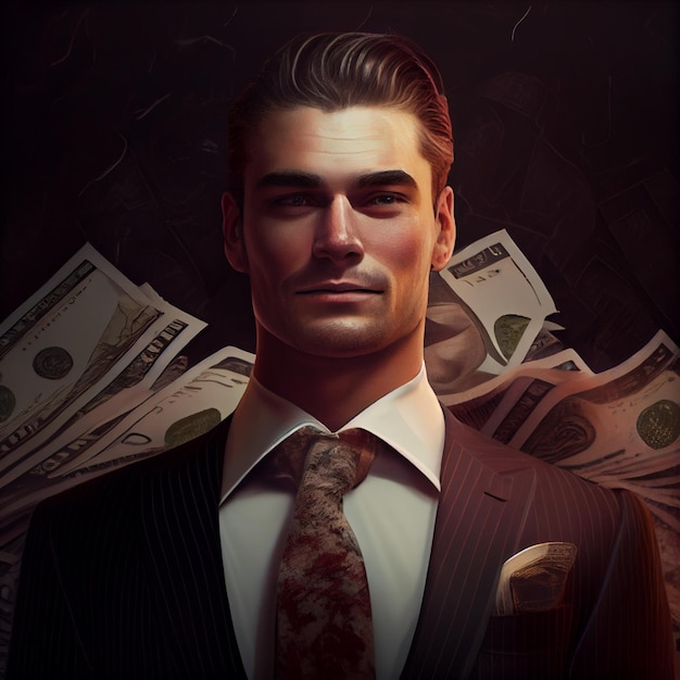 Pomyślny bogaty biznesmen portret z pieniądze tłem