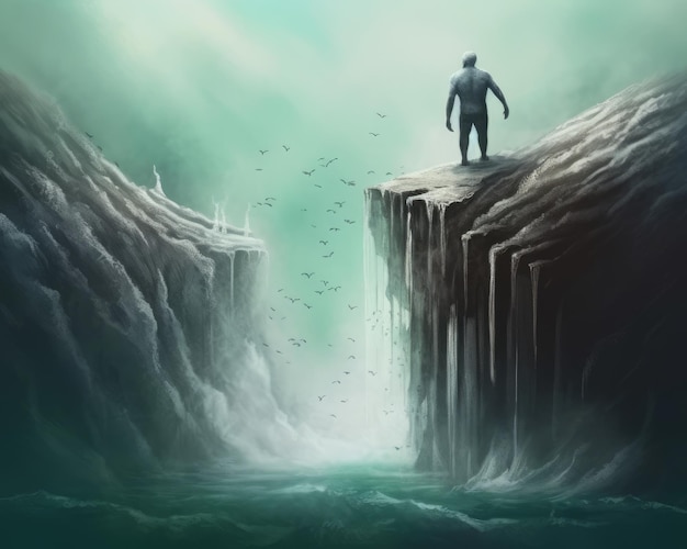 Pomysłowy obraz przedstawiający koncepcję wolności poprzez surrealistyczne obrazy załamanego człowieka otoczonego morzem i wodospadem