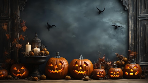 Ponure tło Halloween ze strasznymi dyniami straszne Halloween nawiedzony dwór Evil house at nigh