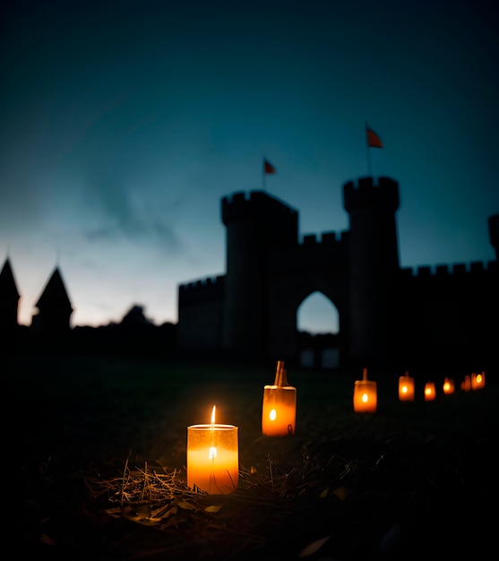 Ponure tło Halloween ze świecami i oświetlonymi dyniami na cmentarzu w nocy z ag