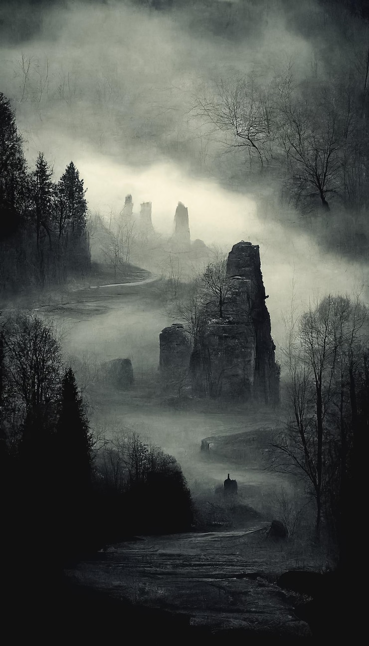 Zdjęcie ponury atmosferyczny ciemny realistyczny krajobraz mistyczny horror straszna dramatyczna scena ilustracja 3d