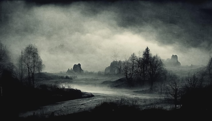 Zdjęcie ponury atmosferyczny ciemny realistyczny krajobraz mistyczny horror straszna dramatyczna scena ilustracja 3d