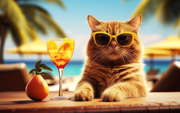 Poolside Cat Bliss Wysoki szczegółowy obraz uroczego kota z egzotycznym koktajlem na wakacjach