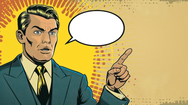Pop art biznesmen wskazuje swoją rękę