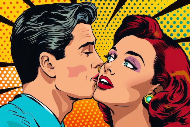 Zdjęcie pop art para para mężczyzna całujący kobietę pop art retro komiks ilustracja kitsch rysunek vintage