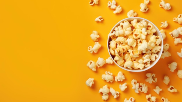 Popcorn oglądany z góry na żółtym tle Płaskie ukształtowanie miski popcornu Widok z góry AI