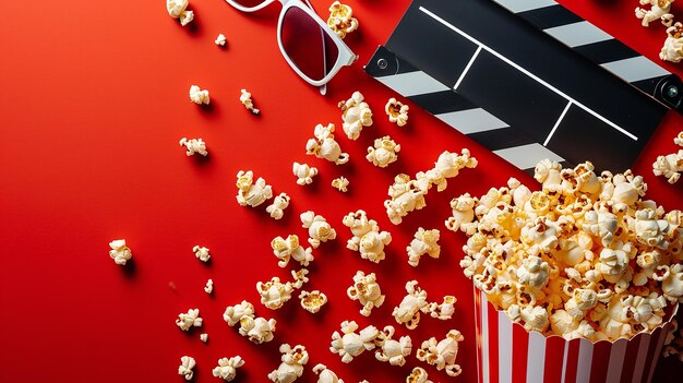 Popcorn pokryty serem i karmelowymi okularami przeciwsłonecznymi oraz czerwonawym tłem Generatywna AI