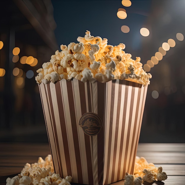 Popcorn w kartonowym pudełku na tle nocnego miasta