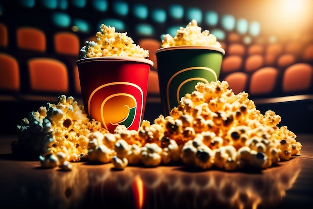 Zdjęcie popcorn w kinie z czerwoną filiżanką popcornu