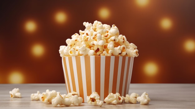 Popcorn w papierowym pudełku w paski z brązowym tłem