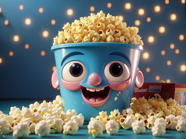 Zdjęcie popcorn w stylu animacji 3d z twarzą i oczami