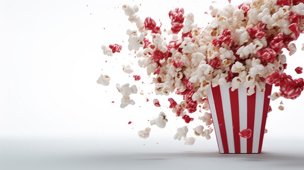 Popcorn w tradycyjnym pudełku kartonowym lub wiadrze z kawałkami latającymi pływającymi w powietrzu na białym tle z przestrzenią tekstową może być używany do reklamy reklam marki