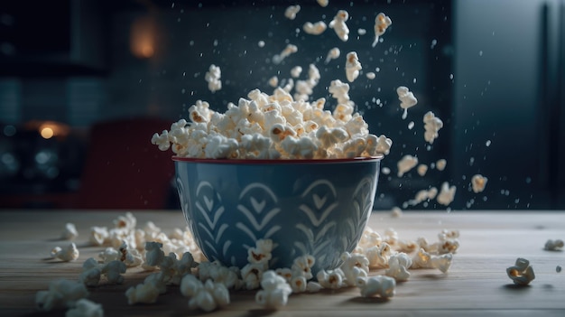 Popcorn wpadający do miski z ciemnym tłem