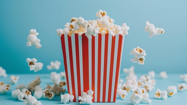 Popcorn wylewa się z czerwonego pudełka na pastelowo-niebieskim tle z miejscem do umieszczania tekstu