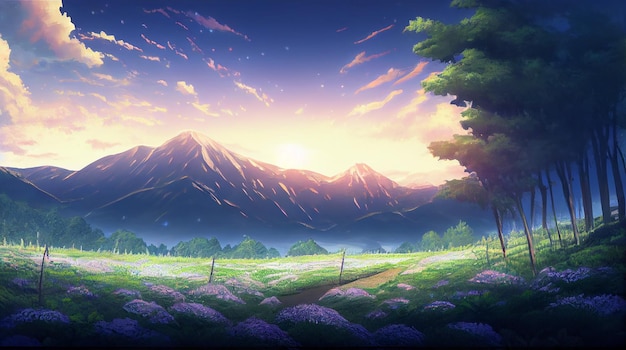 Popołudniowy zachód słońca niebo chmury krajobraz Anime Tło Generatywne ai