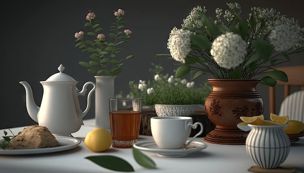 Popołudniowy zestaw klasycznej herbaty na ceramicznym marmurowym stole ozdobionym wiosennymi kwiatami Generative AI