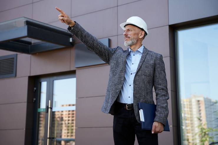 Zdjęcie poprawa procesu pewny siebie kierownik inżynier architekt w średnim wieku noszący kask wskazujący i