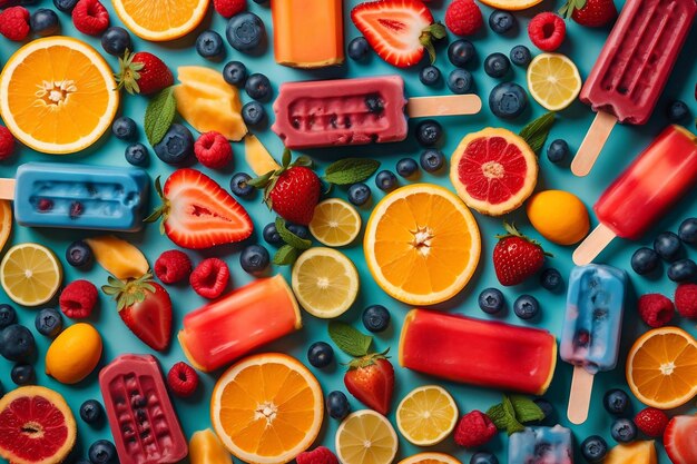 Zdjęcie popsicle kolorowe mrożone lody traktuje owocowe lato słodkie tło