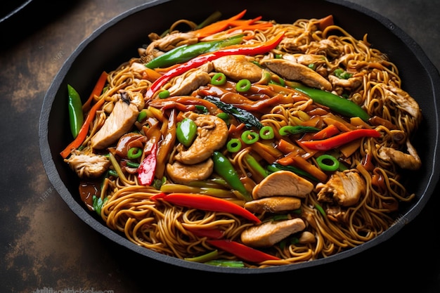 Popularne chińskie jedzenie o nazwie chicken chow mein obejmuje makaron i warzywa