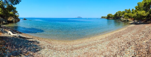 Poranek lato skaliste wybrzeże Morza Egejskiego krajobraz z sosnami na brzegu Widok z plaży Sithonia w pobliżu Ag Kiriaki Halkidiki Grecja