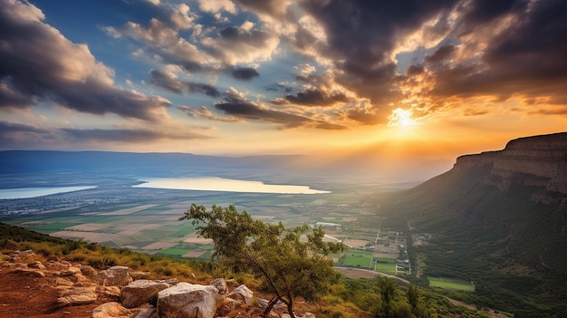 Poranek Spokojność Wschód słońca Widok na Morze Galilejskie