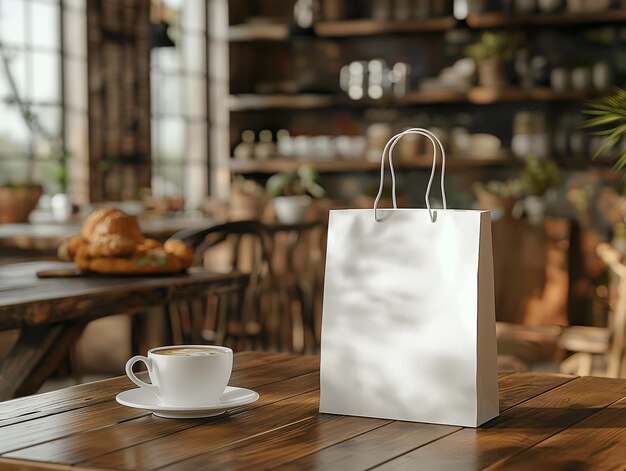 Zdjęcie poranek w kawiarni z świeżym croissantem i torbą na wynos generatywna sztuczna inteligencja