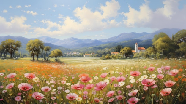 Poranek w Prowansji uroczy Gerbera Field Painting z idyllicznymi krajobrazami wiejskimi