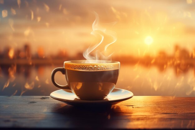 Poranna błogość filiżanka kawy wschody słońca Stworzony przy użyciu technologii generatywnej sztucznej inteligencji
