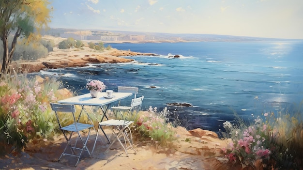 poranna kawa nad morzem błękitna woda i niebo mewa i kobieta pejzaż morski krajobraz impresjonizm sztuka