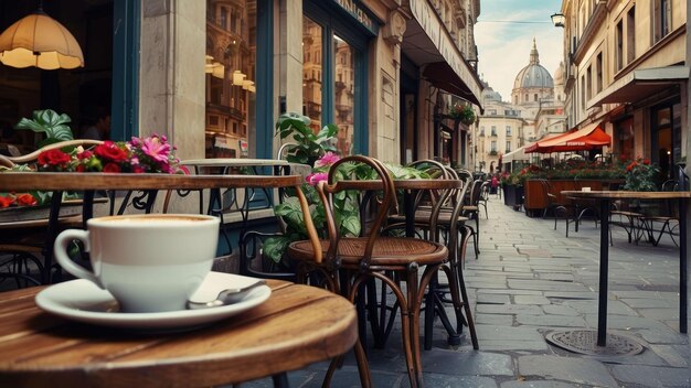 Poranna kawa w europejskiej kawiarni na świeżym powietrzu