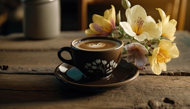 Poranna kawa w nowoczesnej filiżance na marmurowym stole z kwiatami w wiosennym słońcu Generative AI