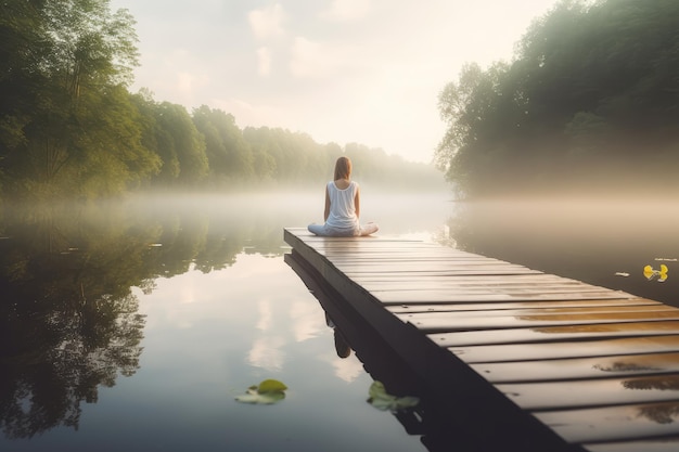 Poranna medytacja nad jeziorem Młoda kobieta na świeżym powietrzu