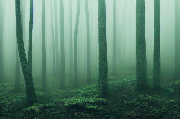 Poranna mgła leśna rozprasza się między pniami drzew utworzonymi za pomocą generatywnej sztucznej inteligencji