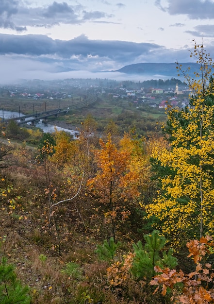 Poranna mgła u podnóża kraju nad rzekami Opir i Stryj oraz na zboczach Karpat na dalekiej Ukrainie