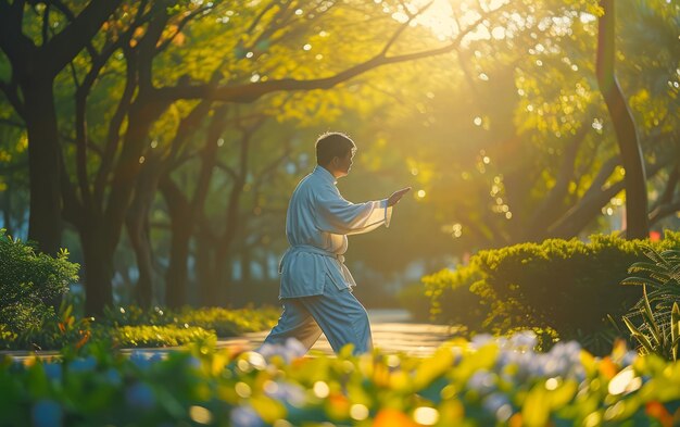 Zdjęcie poranna praktyka tai chi w sunlit park