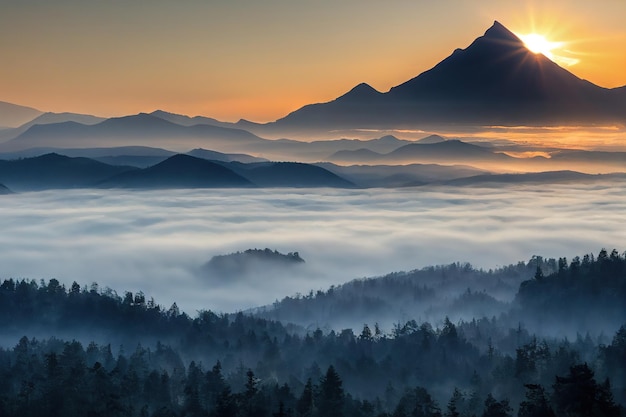 Poranna przyroda z mglistym lasem i wzgórzami pokrytymi gęstą mgłą