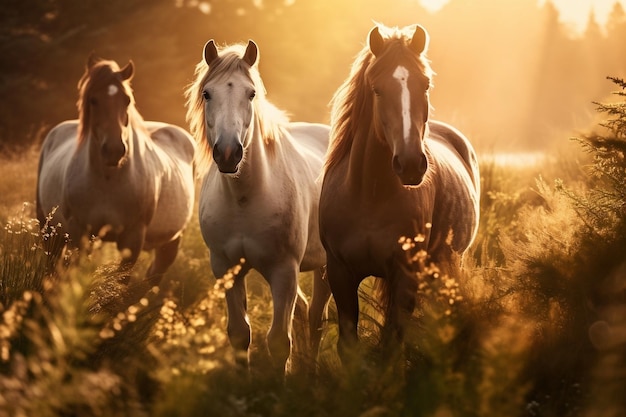 Poranne Majesty Dzikie konie w naturze pod delikatnym światłem generatywnym przez sztuczną inteligencję