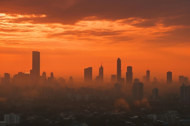 Poranne miasto otoczone smogiem, wschód słońca skażony zanieczyszczeniem powietrza.