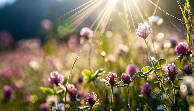 Poranne światło słoneczne na kwiatach dzikiej koniczyny