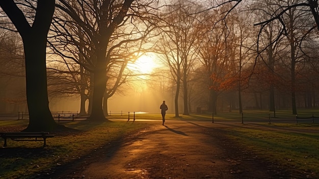 Zdjęcie poranny samotny biegacz w parku o świcie