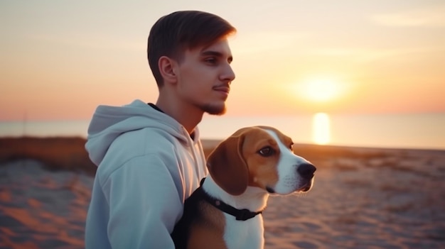 Poranny spacer z psem Generatywna sztuczna inteligencja Portret młodego mężczyzny spacerującego z psem rasy beagle na plaży o wschodzie słońca